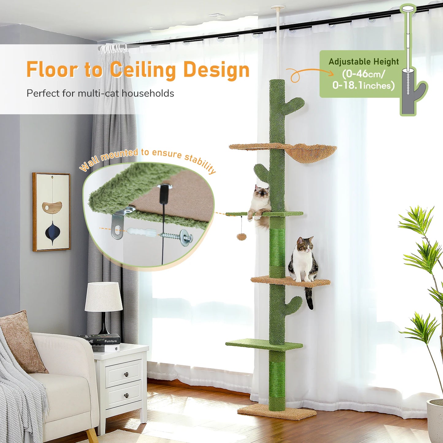 Cactus Cat Tower with Scratching Post and Hammock for Cats