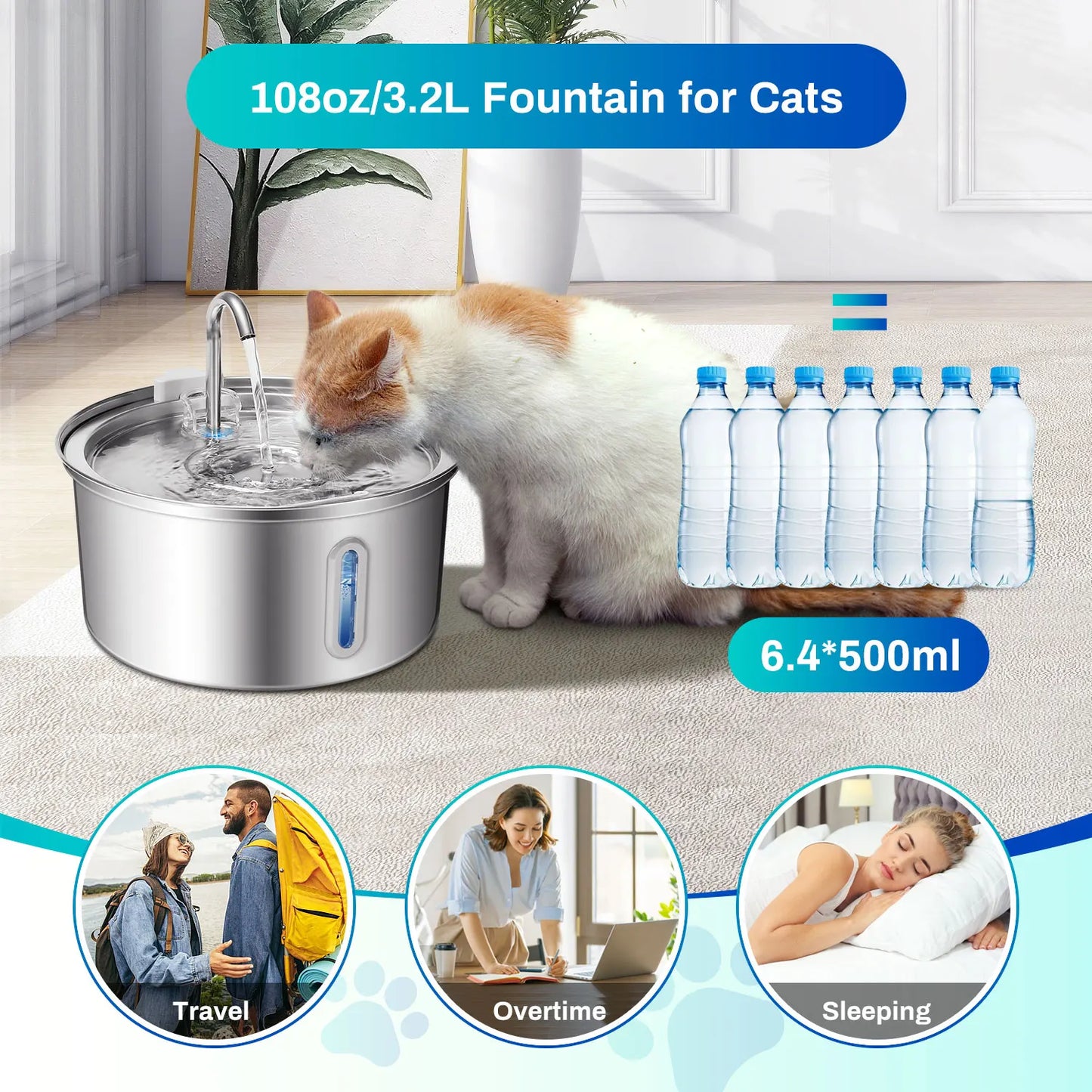 Stainless Steel Cat Water Fountain with Ultra Quiet Pump