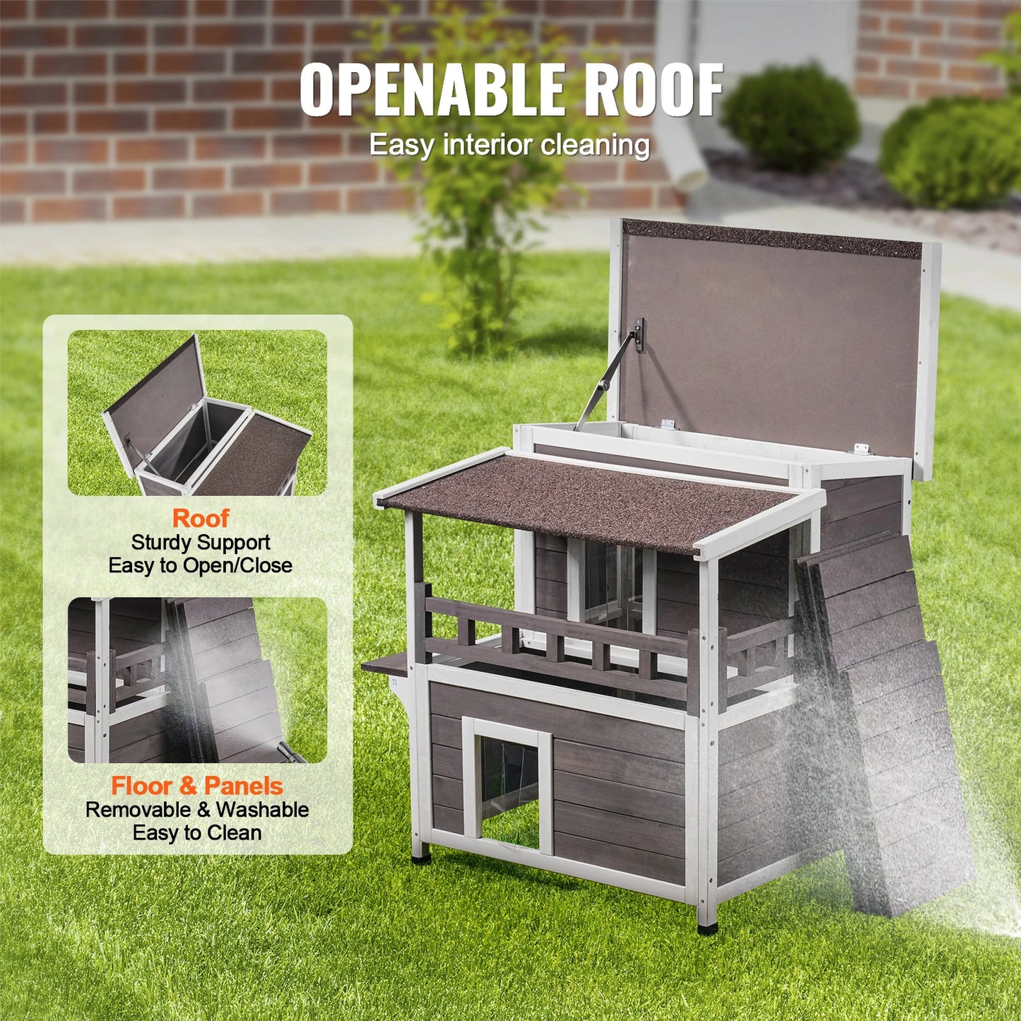 Outdoor Wooden Cat House with Balcony and Weatherproof Design