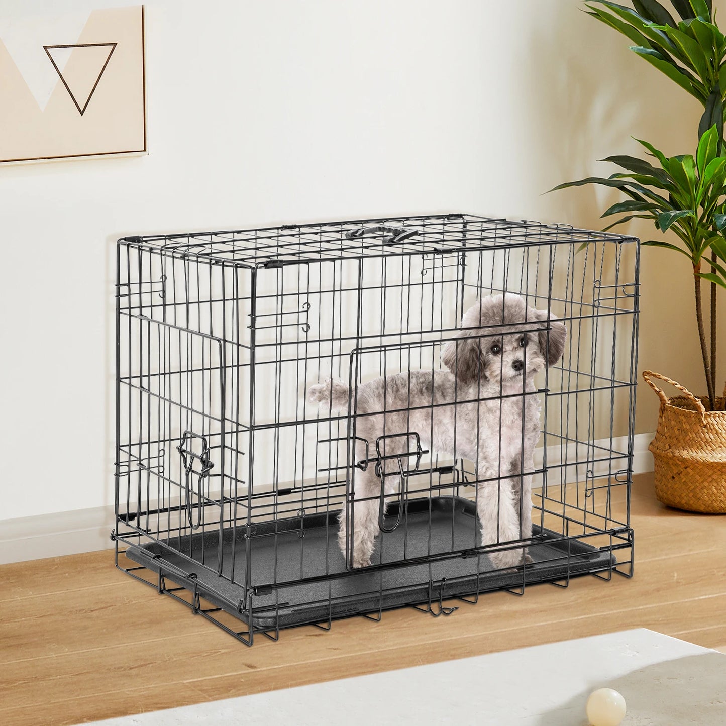 Double Door Folding Metal Dog Cage with Leak-Proof Tray