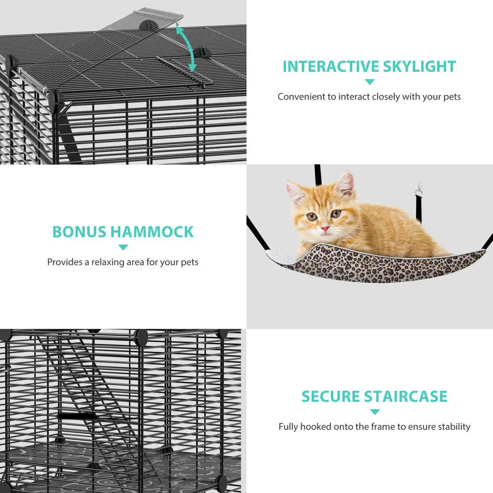 Three-Tier Cat Cage Enclosure with Hammock for Playful Cats
