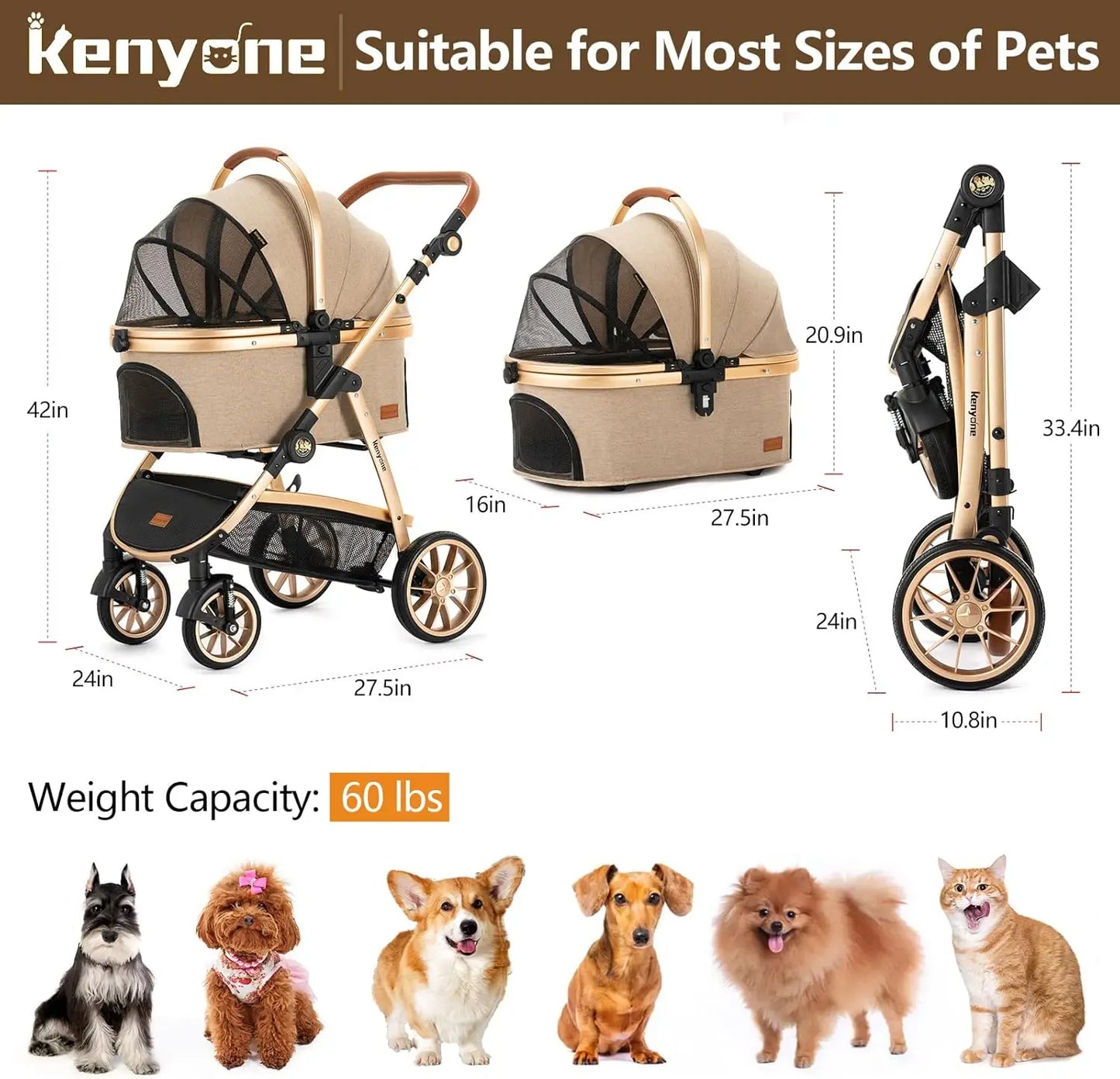 Luxury 3 in 1 Pet Stroller for Dogs and Cats