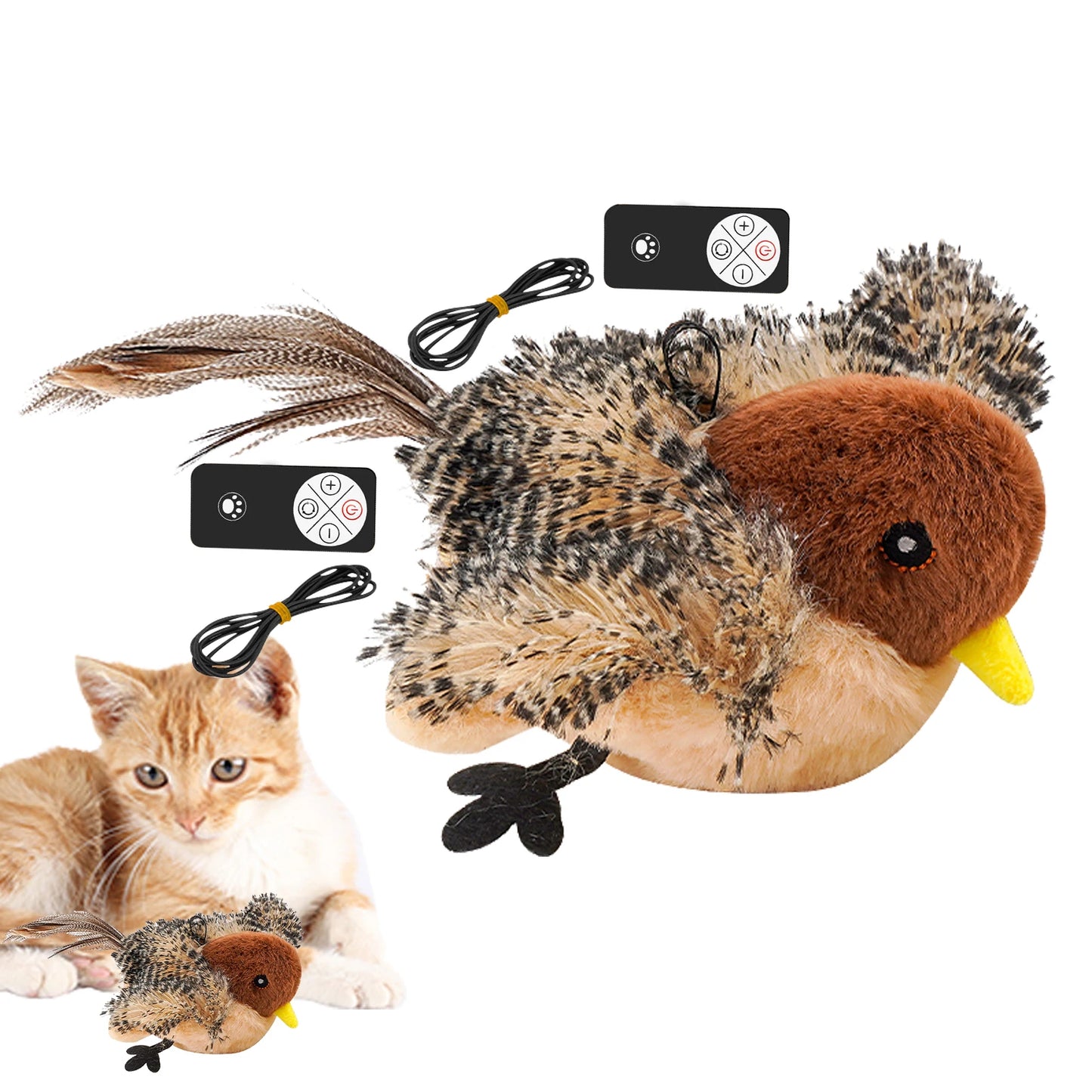 Interactive Chirping Plush Bird Cat Toy With Feather Teaser