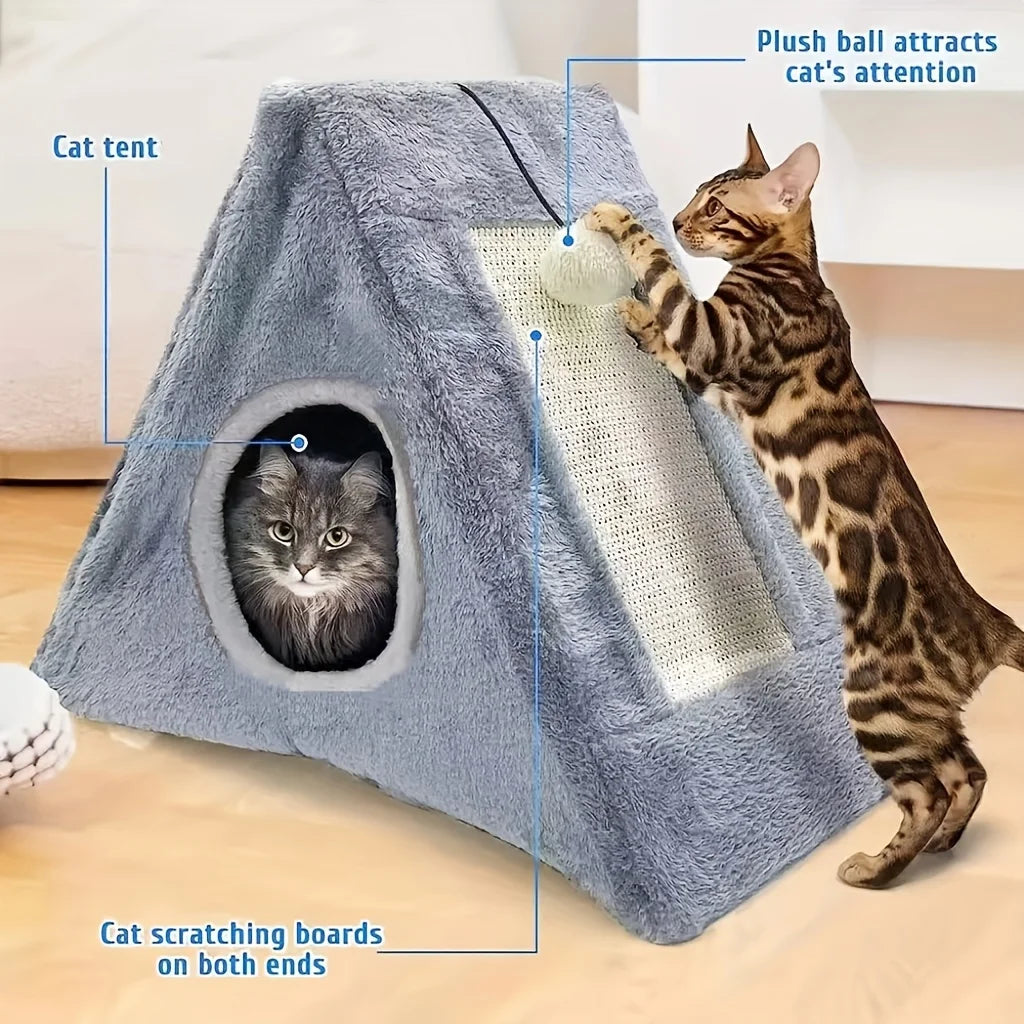 Plush Cat Bed With Integrated Scratching Board And Toy