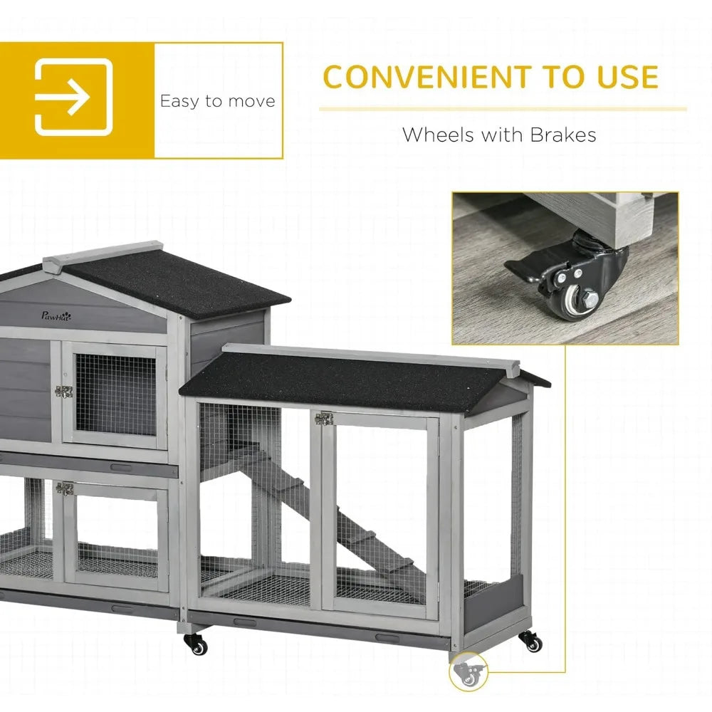 Wooden Rabbit Hutch with Run Area and Removable Tray