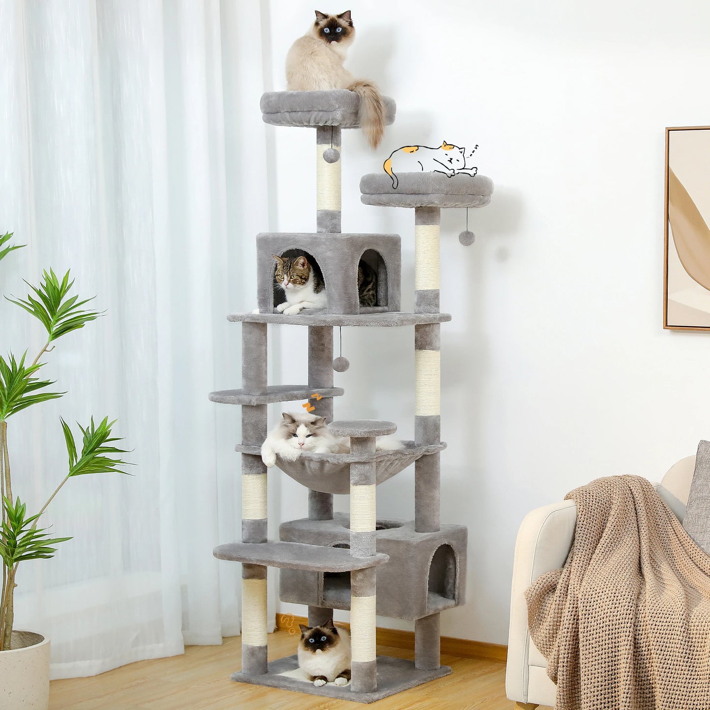 Large Indoor Cat Tree Tower With Scratching Posts And Hammock