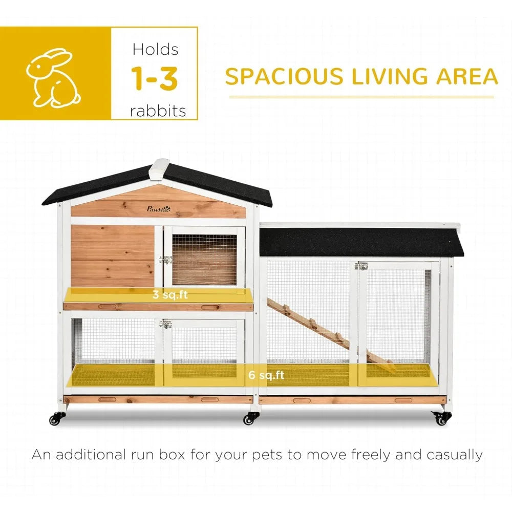 Wooden Rabbit Hutch with Wheels and Removable Tray for Outdoor Use
