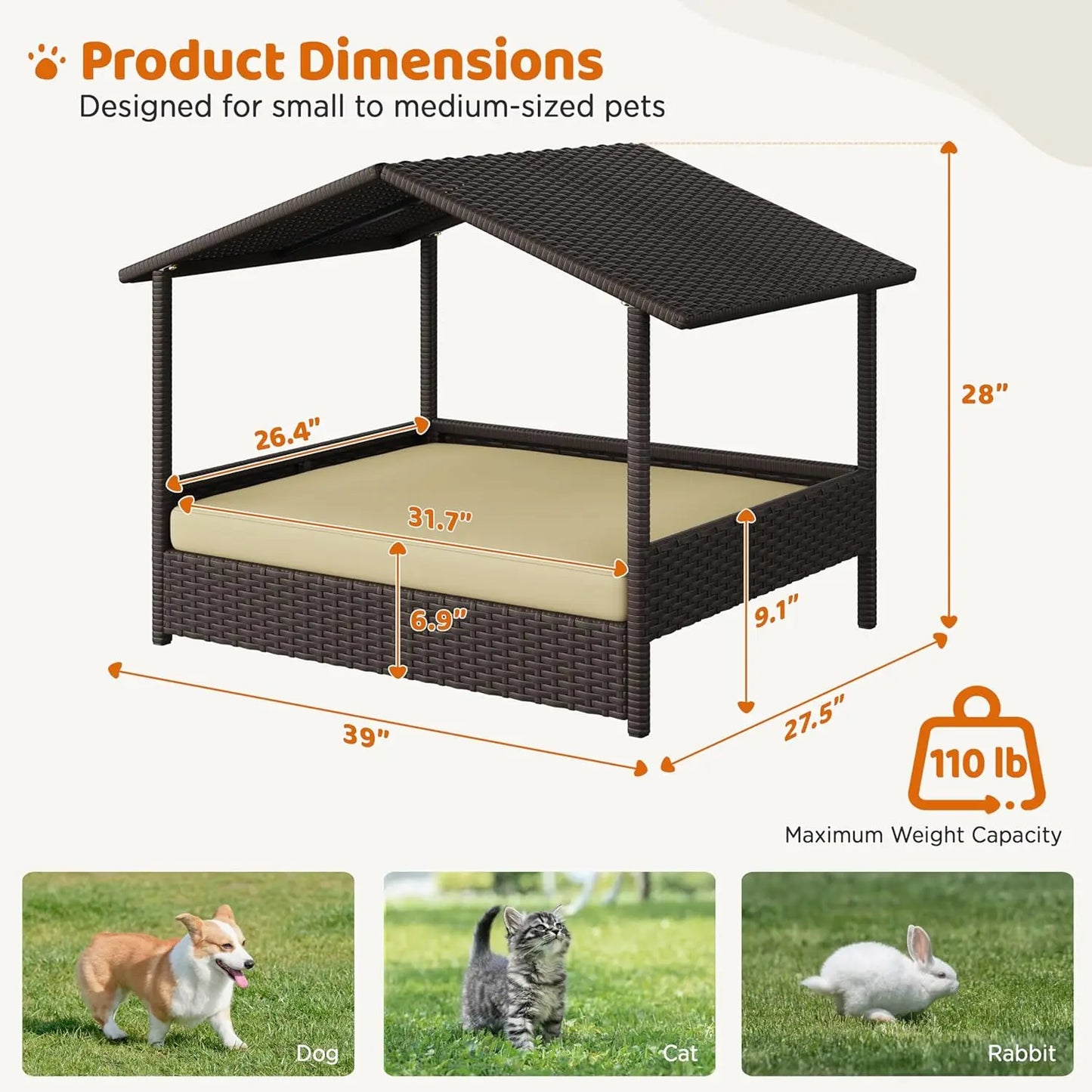 Wicker Elevated Dog House with Canopy and Comfortable Cushion