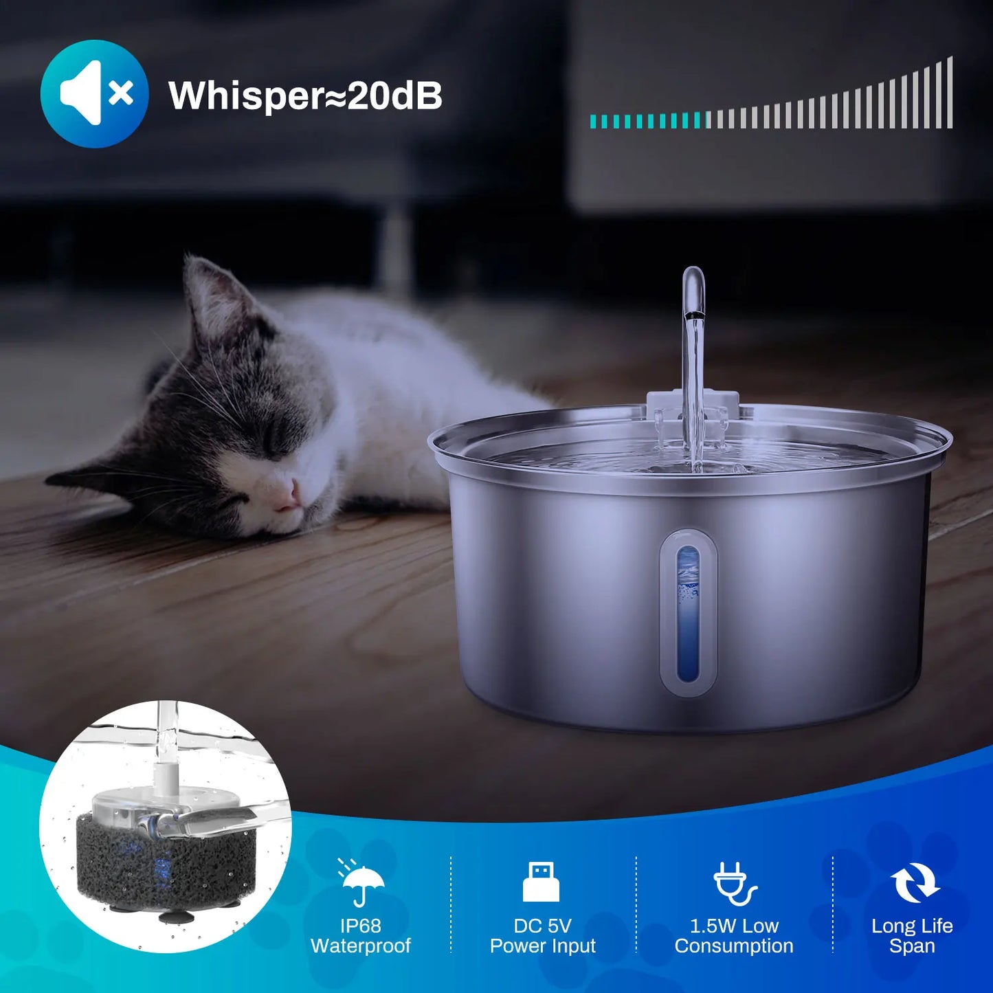 Stainless Steel Cat Water Fountain with Ultra Quiet Pump