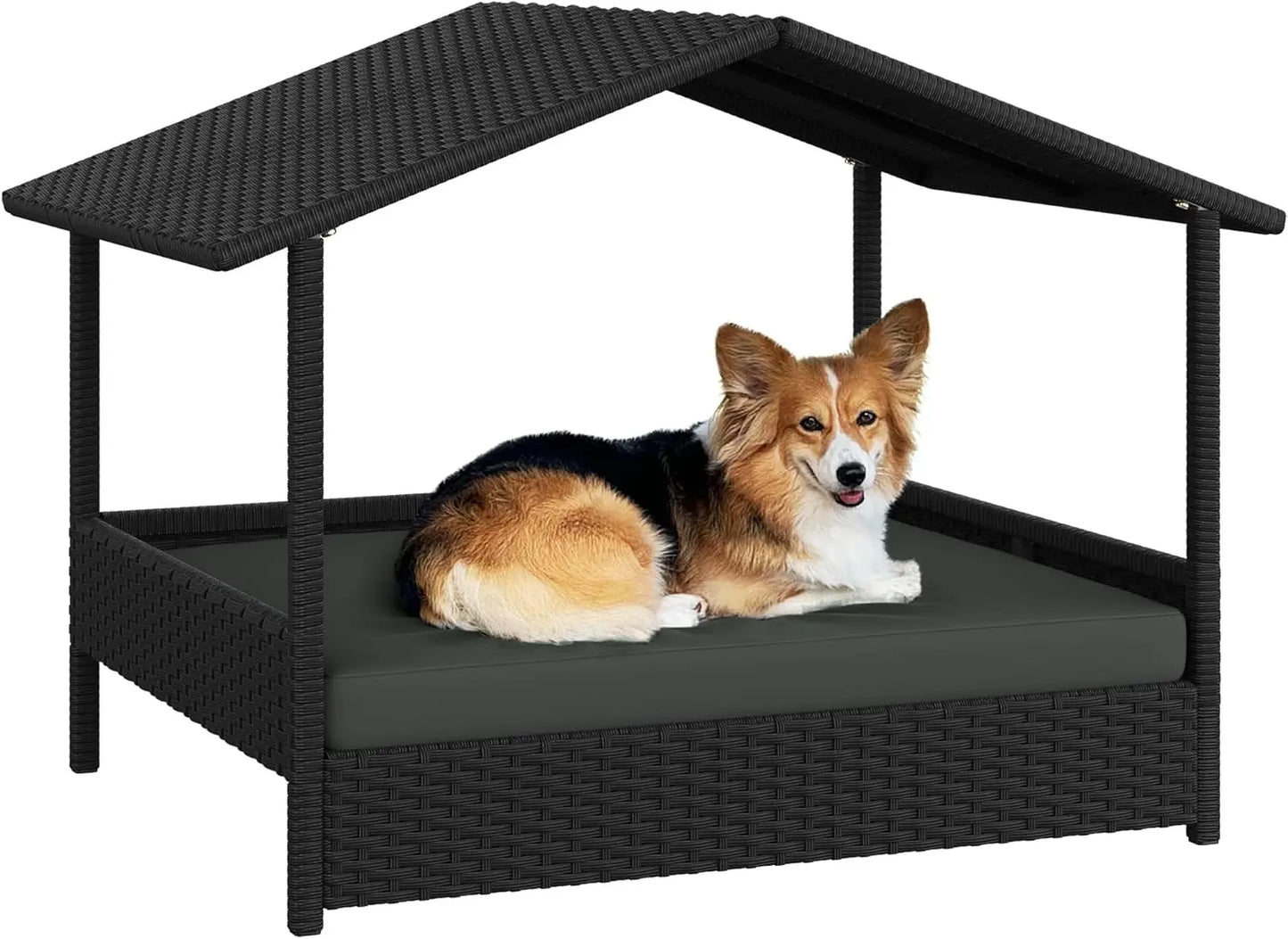 Wicker Elevated Dog House with Canopy and Comfortable Cushion