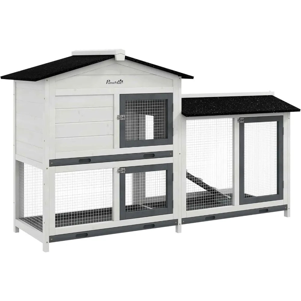 Wooden Rabbit Hutch with Run Area and Removable Tray