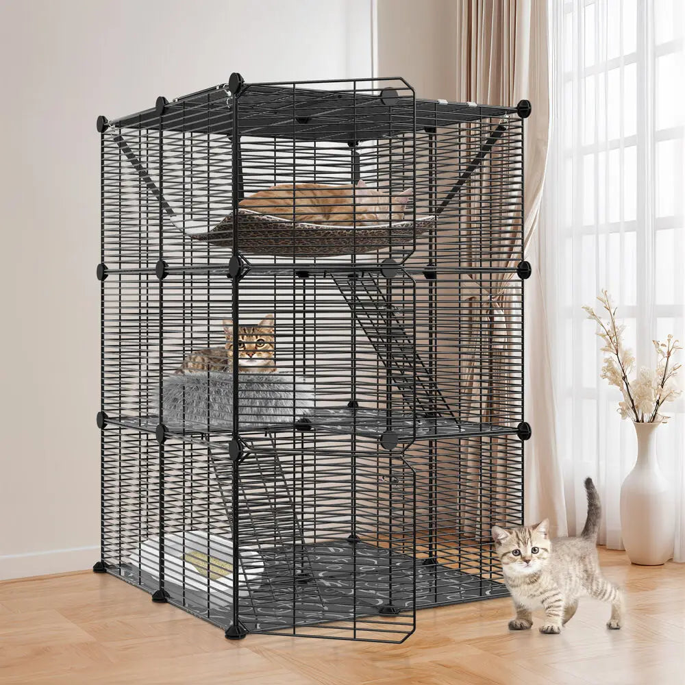 Three-Tier Cat Cage Enclosure with Hammock for Playful Cats