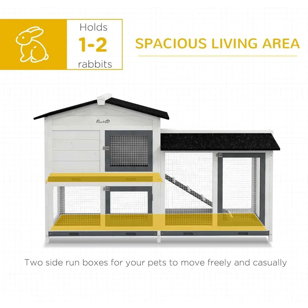 Wooden Rabbit Hutch with Run Area and Removable Tray
