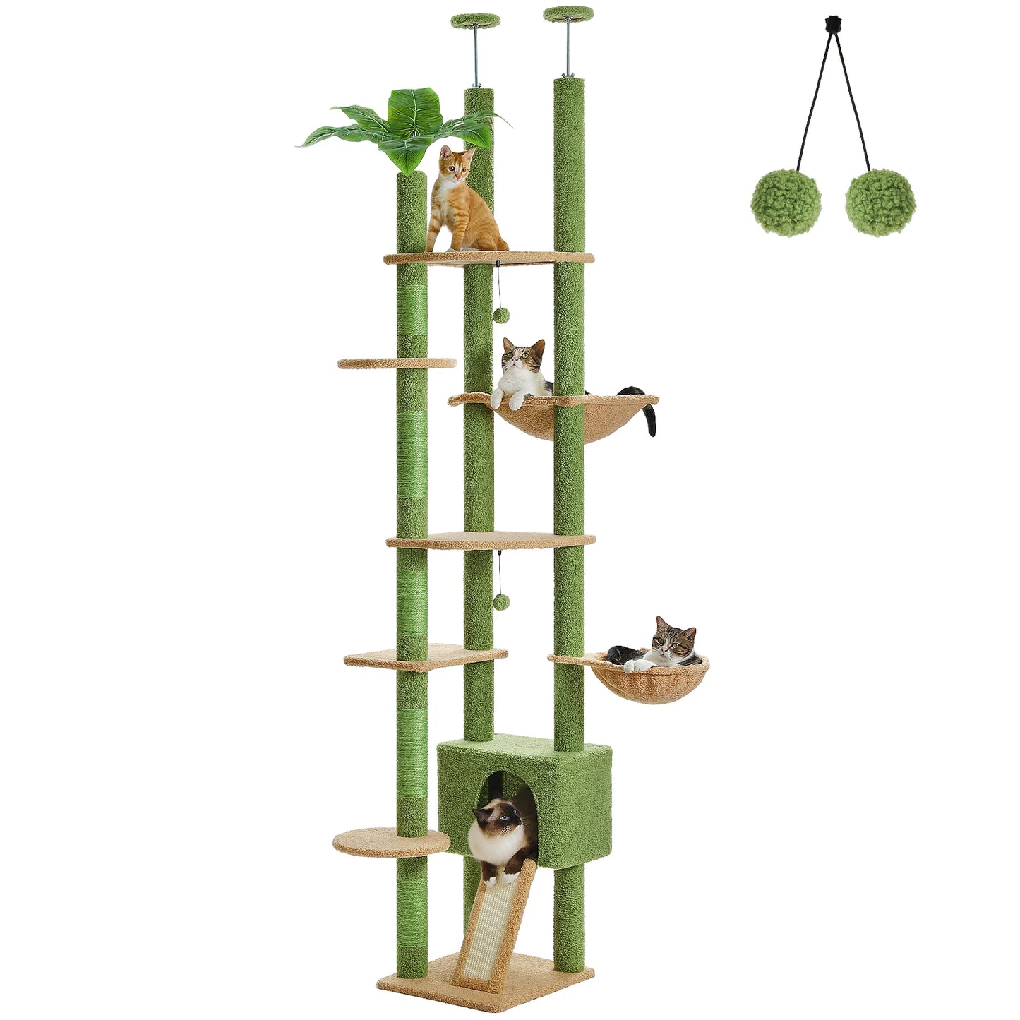 Cactus Cat Tree Adjustable Height with Cozy Hammock and Condo