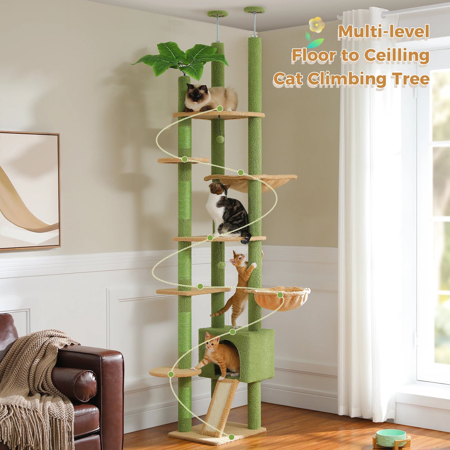 Cactus Cat Tree Adjustable Height with Cozy Hammock and Condo