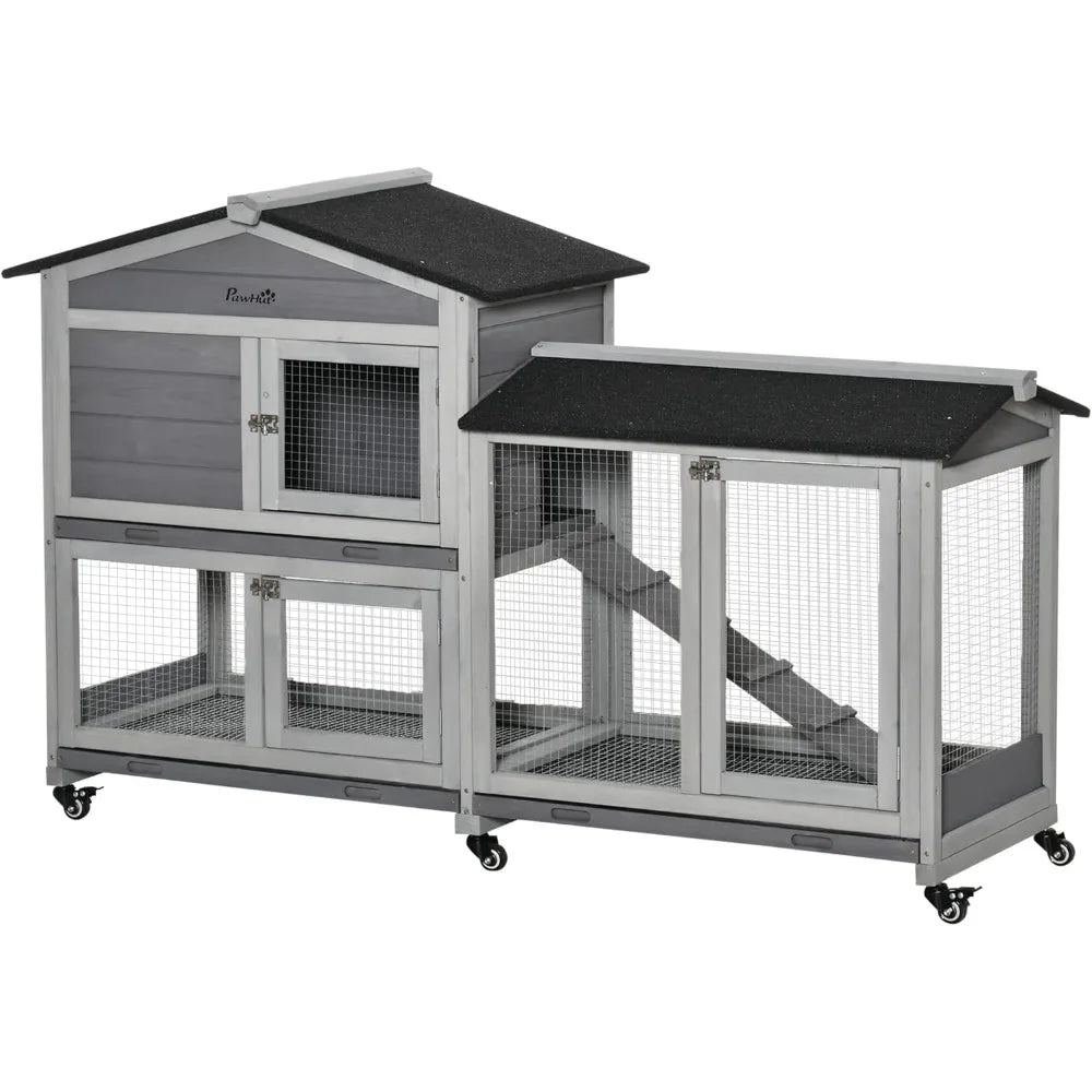 Wooden Rabbit Hutch with Run Area and Removable Tray