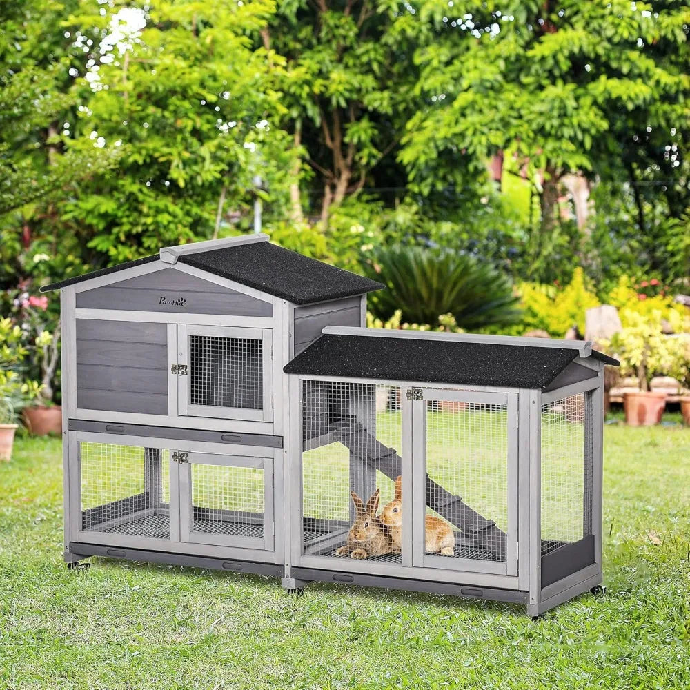Wooden Rabbit Hutch with Run Area and Removable Tray