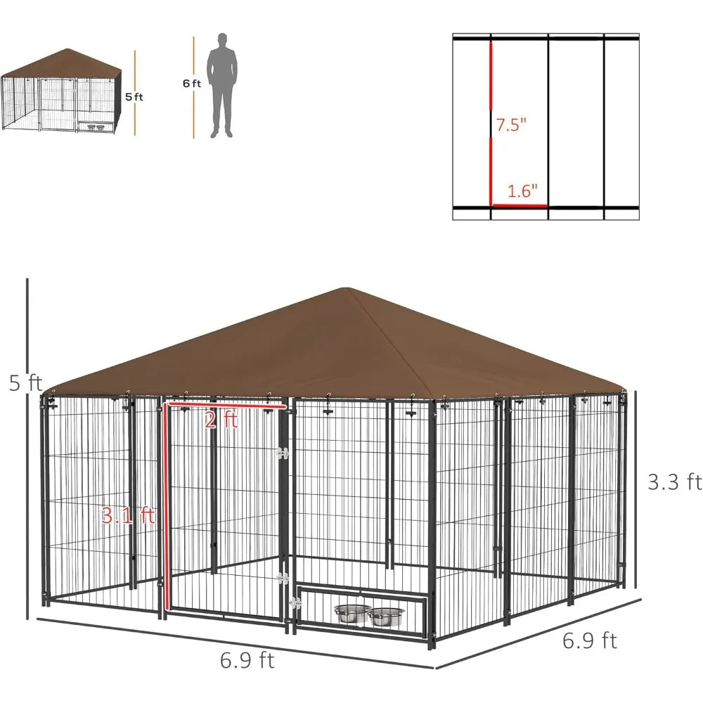 Outdoor Dog Kennel With Canopy And Rotating Bowl Enclosure