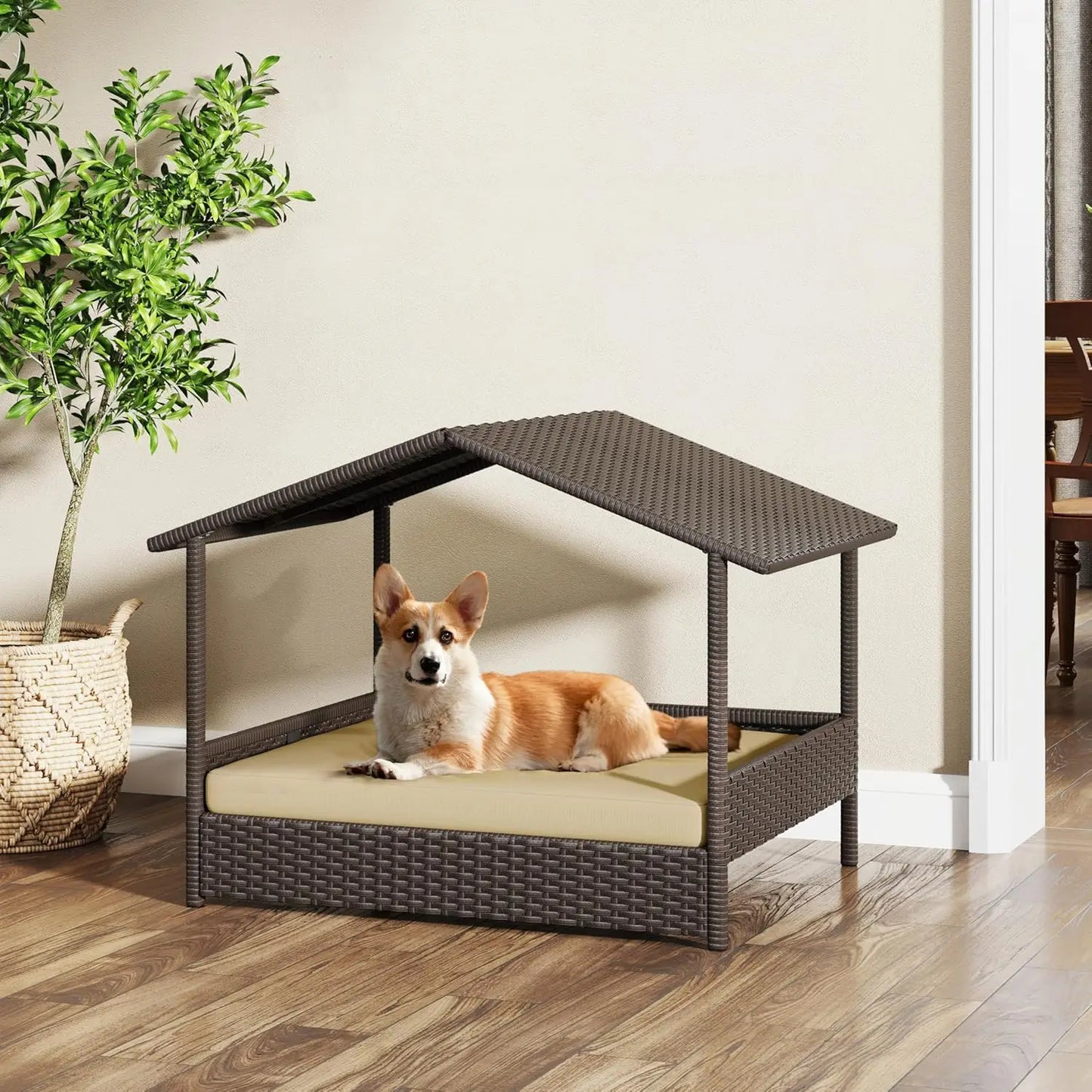 Wicker Elevated Dog House with Canopy and Comfortable Cushion