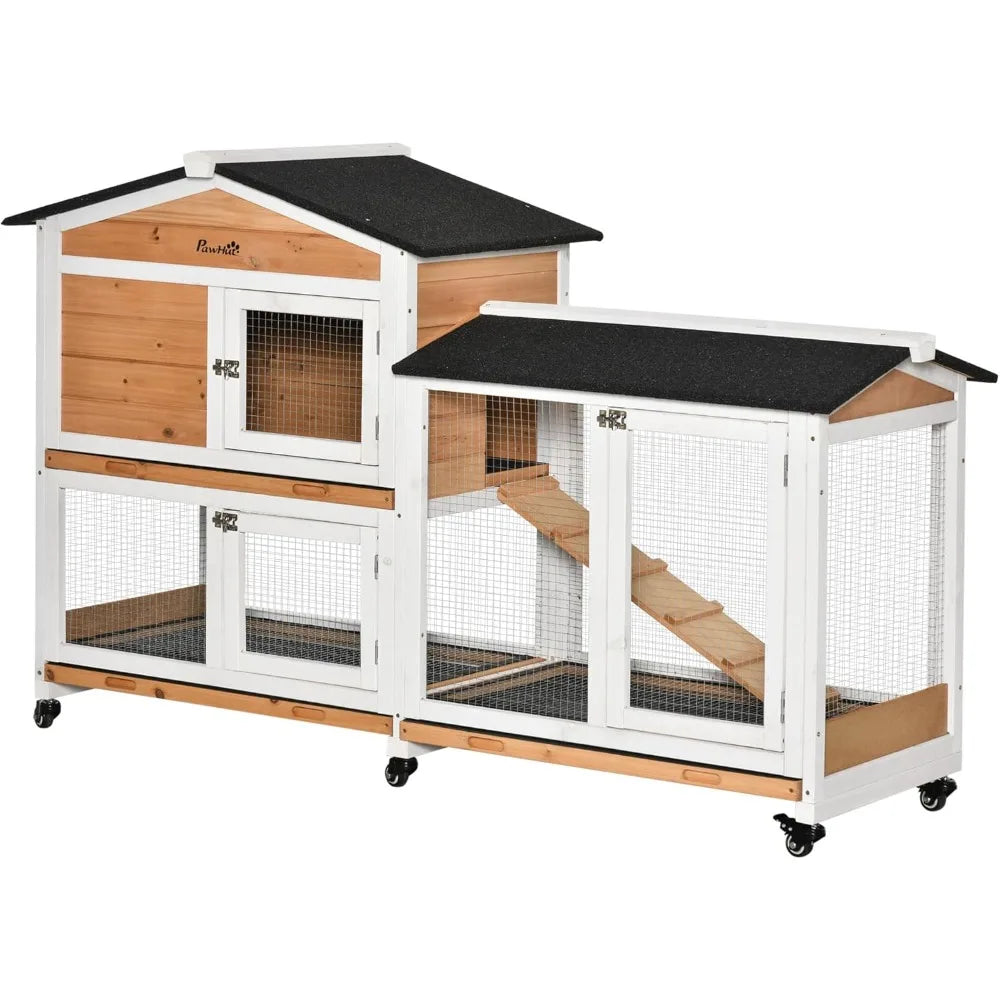 Wooden Rabbit Hutch with Wheels and Removable Tray for Outdoor Use