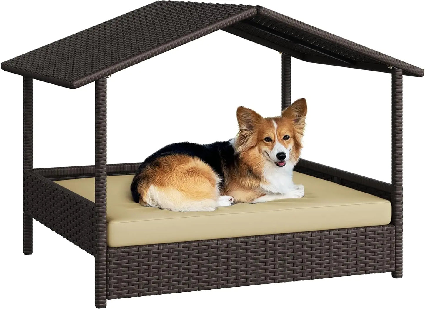 Wicker Elevated Dog House with Canopy and Comfortable Cushion