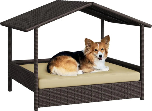 Wicker Elevated Dog House with Canopy and Comfortable Cushion