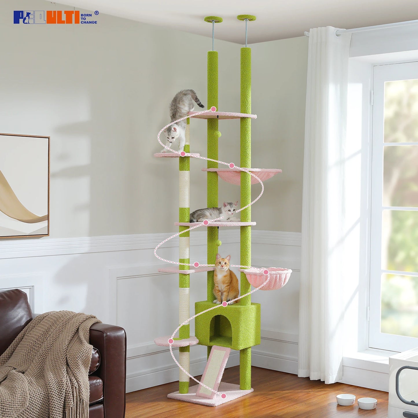 Cactus Cat Tree Adjustable Height with Cozy Hammock and Condo