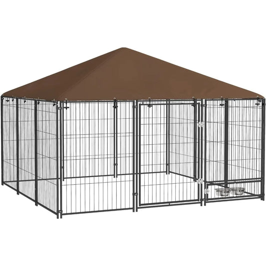 Outdoor Dog Kennel With Canopy And Rotating Bowl Enclosure