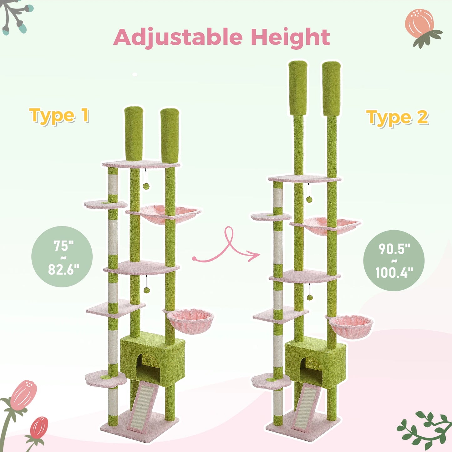 Cactus Cat Tree Adjustable Height with Cozy Hammock and Condo
