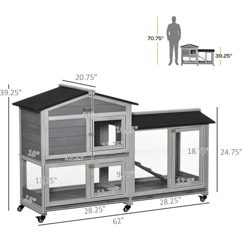 Wooden Rabbit Hutch with Run Area and Removable Tray