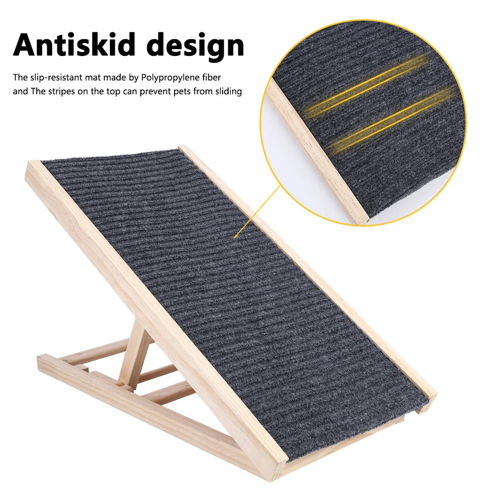 Pet Dog Ramp Ladder Natural Pine Wood Folding Adjustable Anti-Skid Lightweight Climbing Ladder for Sofas and Beds