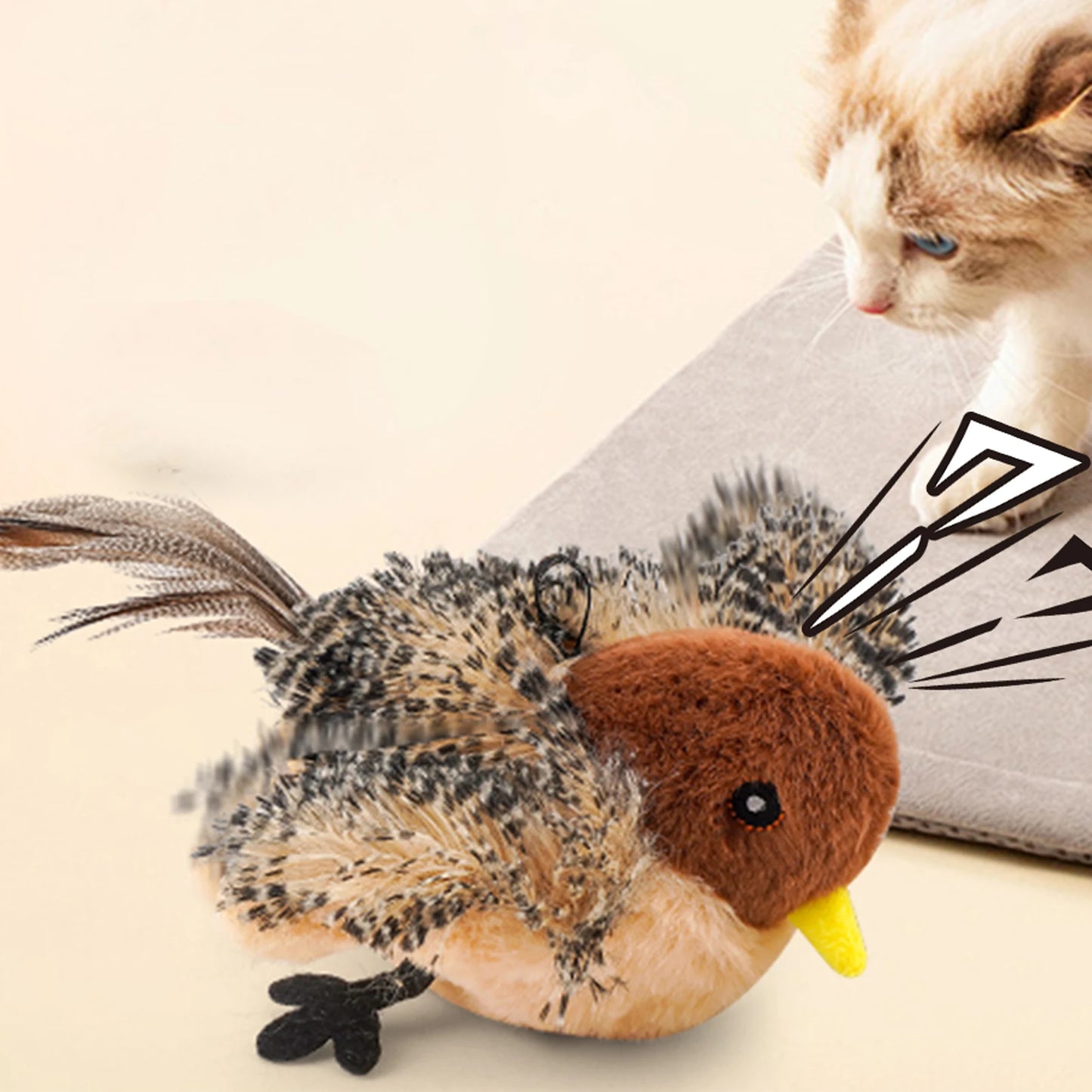 Interactive Chirping Plush Bird Cat Toy With Feather Teaser