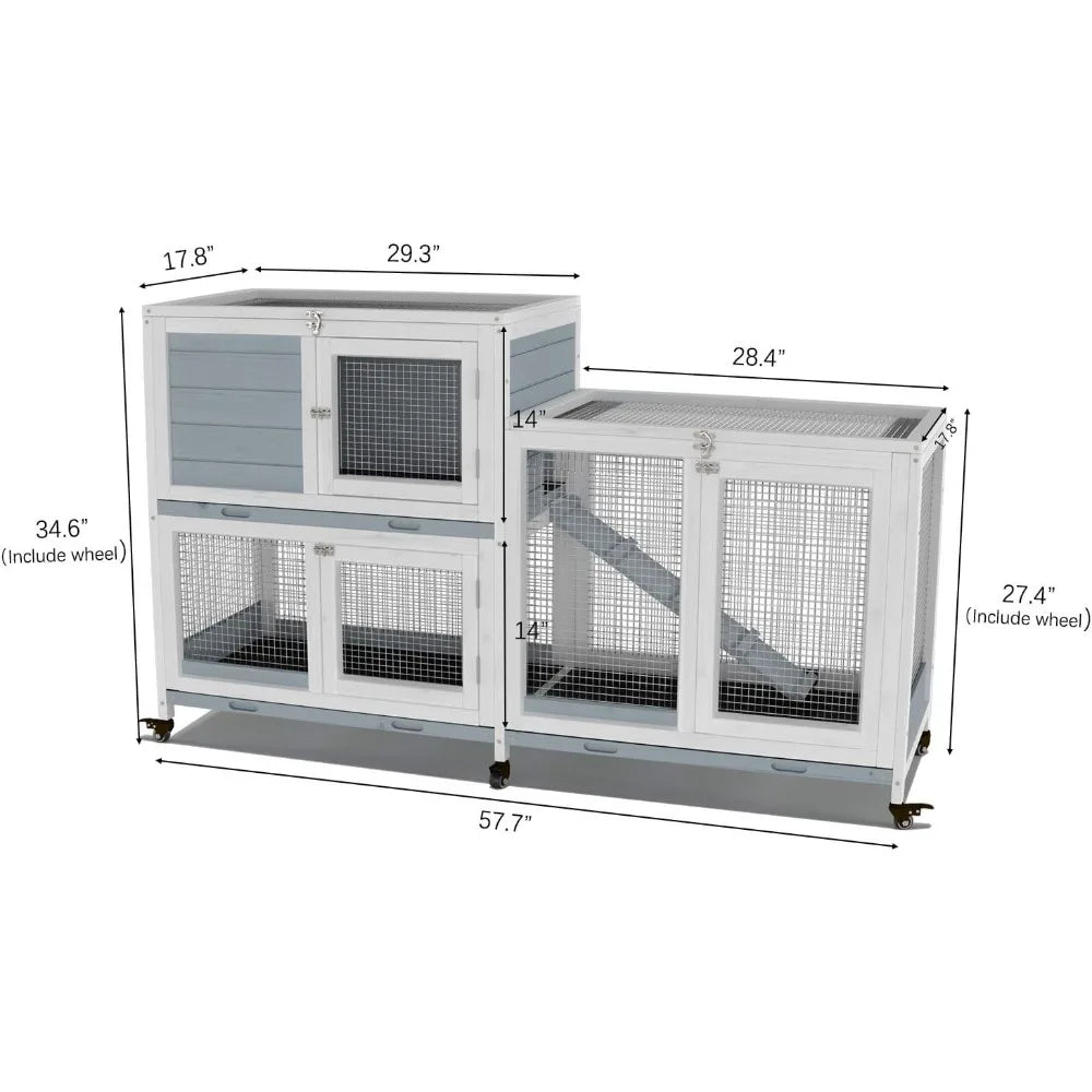 Wooden Indoor Bunny Hutch Rabbit Cage on Wheels for Pets