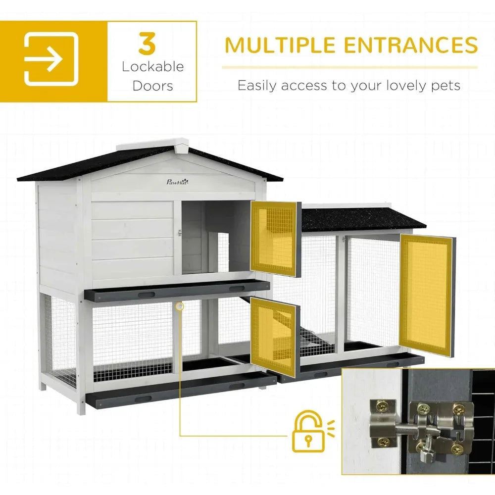 Wooden Rabbit Hutch with Run Area and Removable Tray