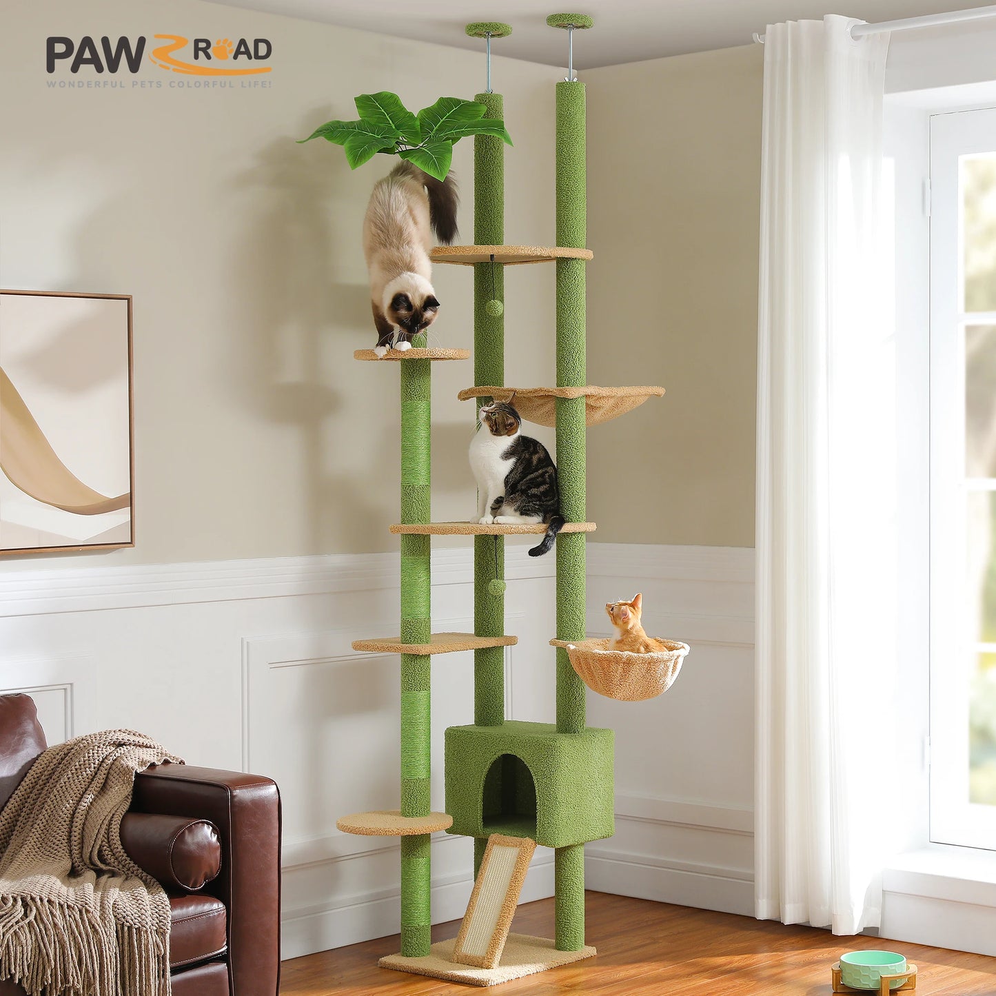 Cactus Cat Tree Adjustable Height with Cozy Hammock and Condo