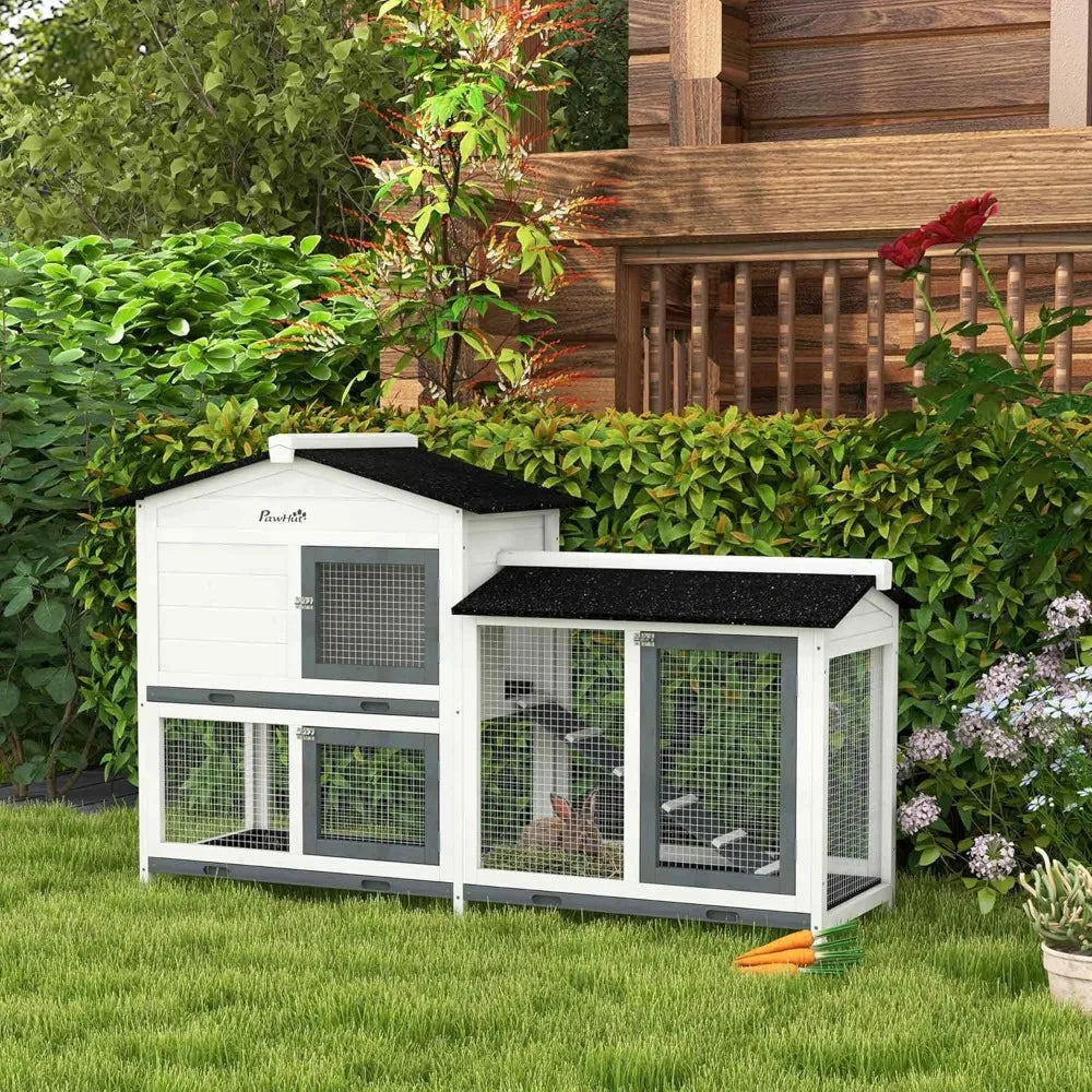 Wooden Rabbit Hutch with Run Area and Removable Tray