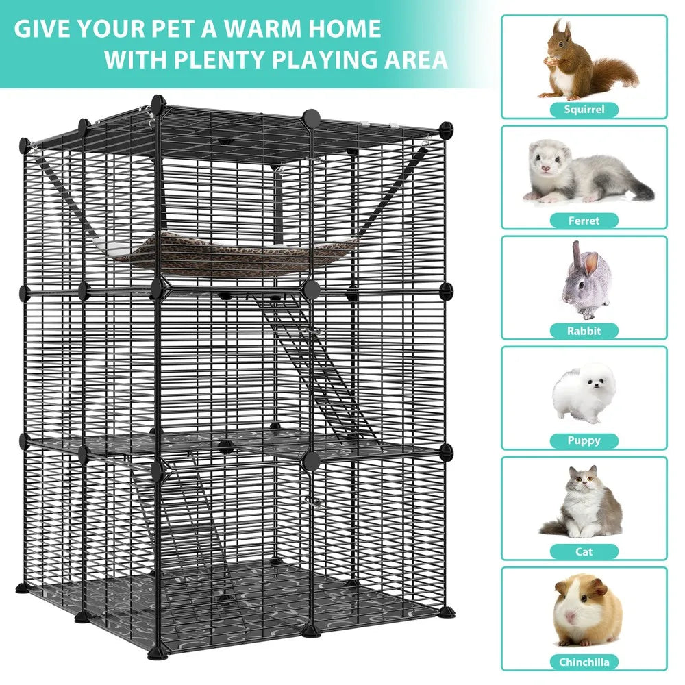 Three-Tier Cat Cage Enclosure with Hammock for Playful Cats