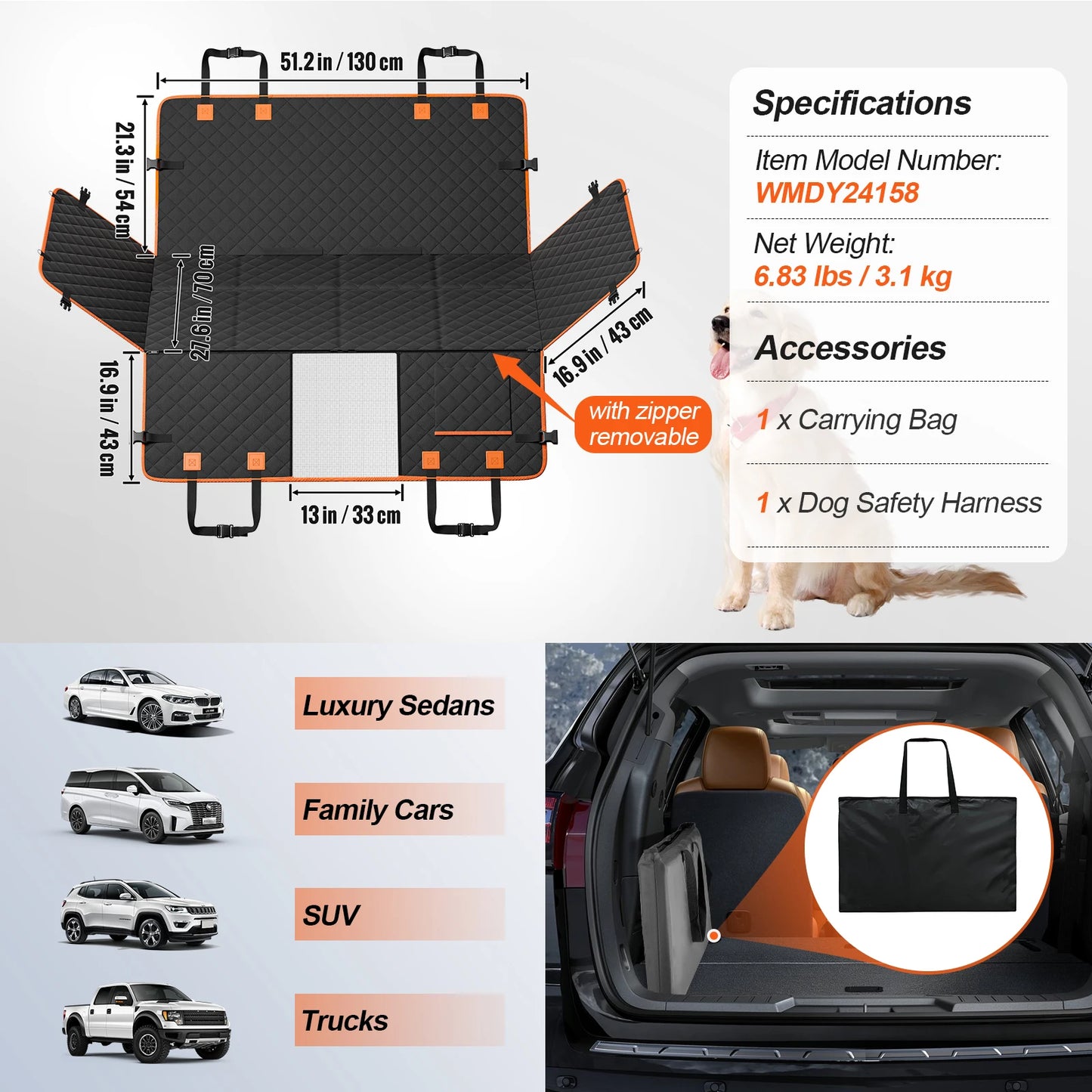 Dog Car Seat Cover with Mesh Window and Storage Pocket