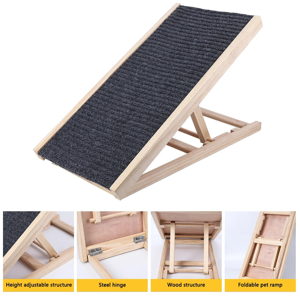 Pet Dog Ramp Ladder Natural Pine Wood Folding Adjustable Anti-Skid Lightweight Climbing Ladder for Sofas and Beds
