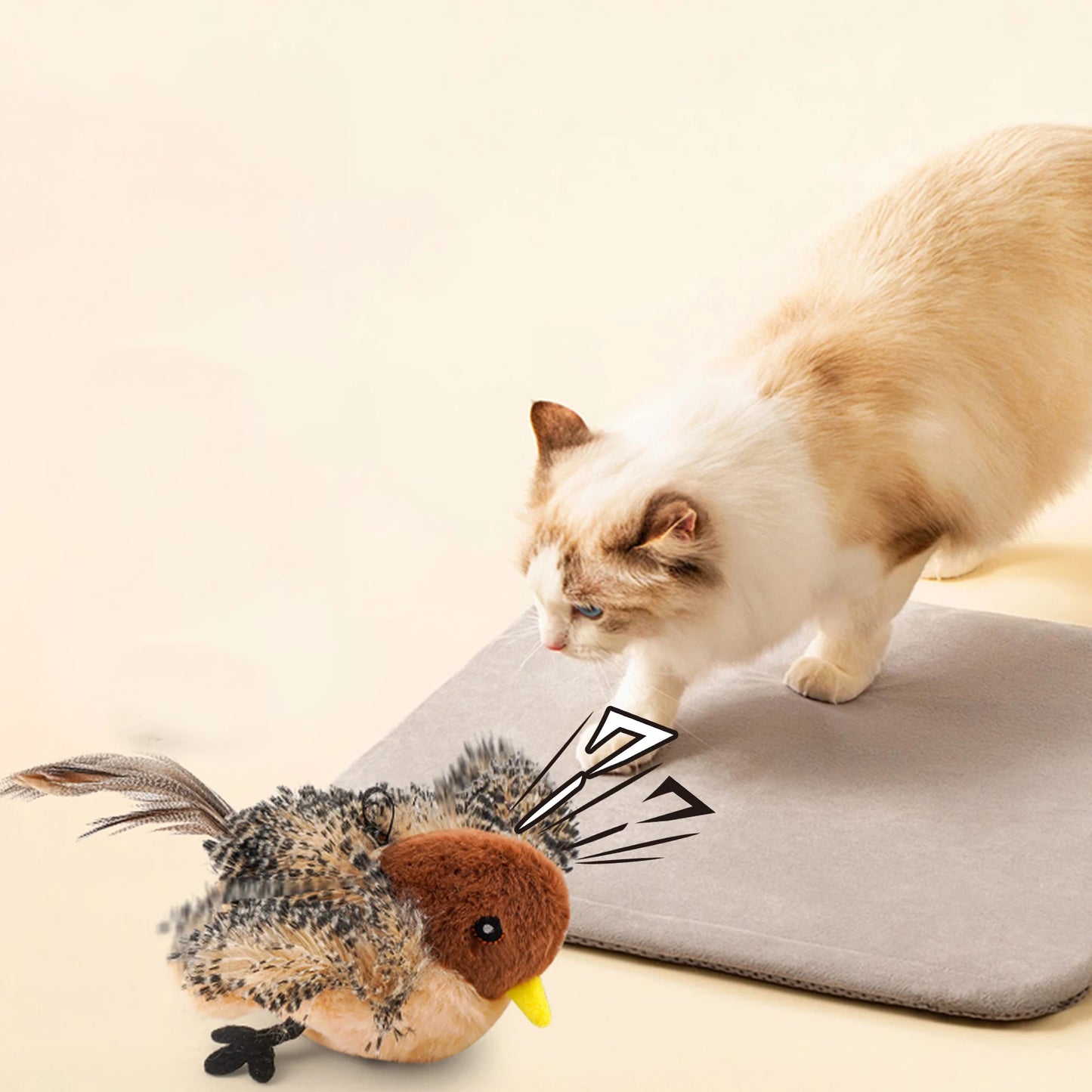 Interactive Chirping Plush Bird Cat Toy With Feather Teaser
