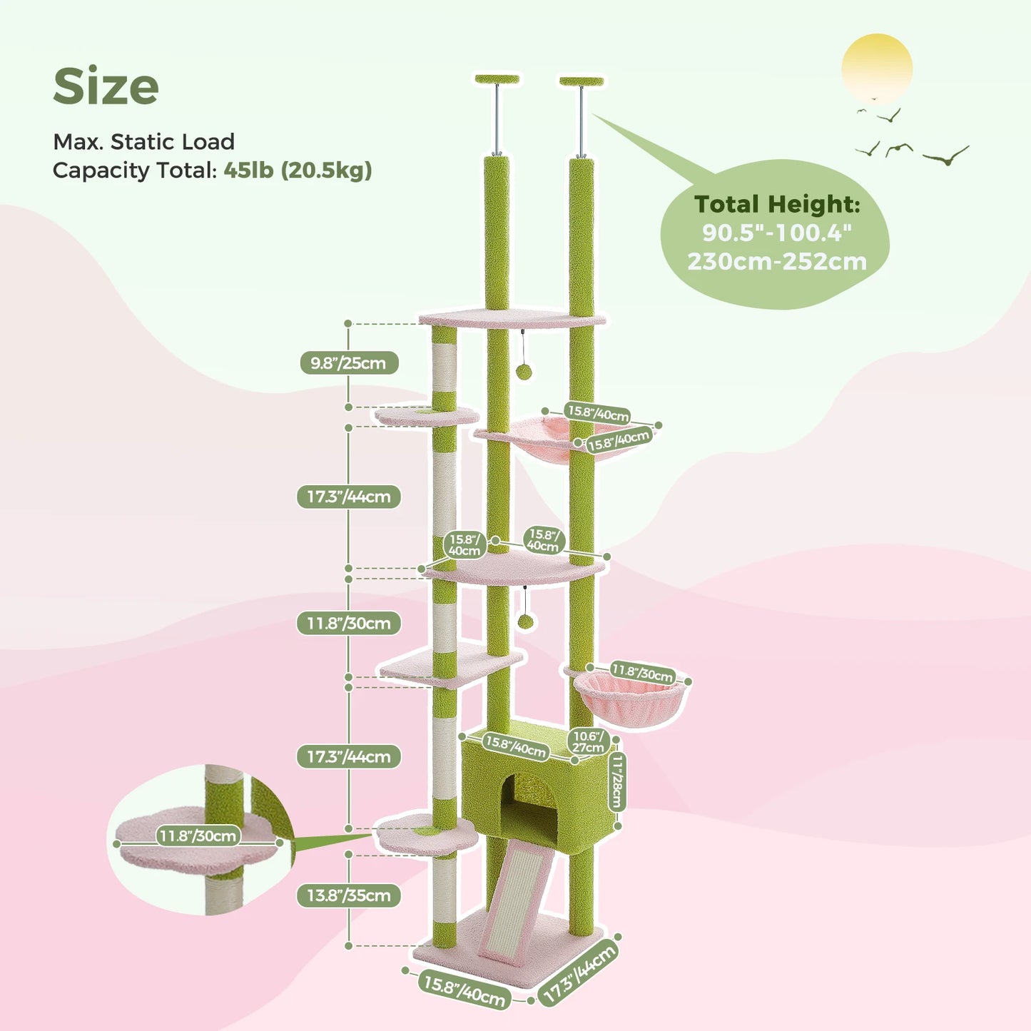 Cactus Cat Tree Adjustable Height with Cozy Hammock and Condo