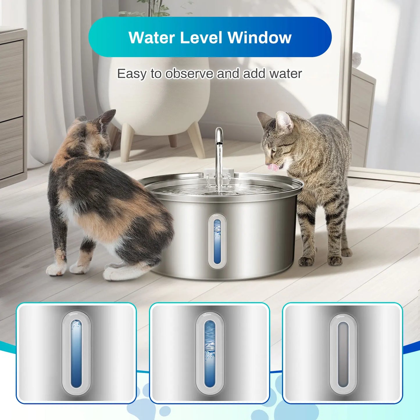 Stainless Steel Cat Water Fountain with Ultra Quiet Pump