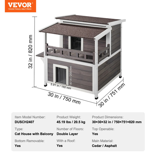 Outdoor Wooden Cat House with Balcony and Weatherproof Design