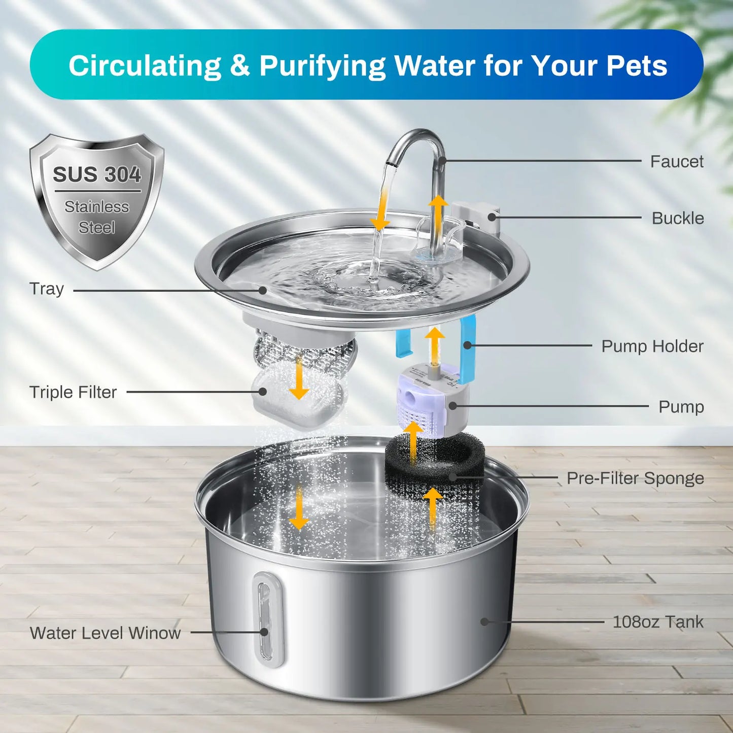 Stainless Steel Cat Water Fountain with Ultra Quiet Pump