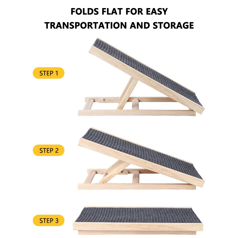 Pet Dog Ramp Ladder Natural Pine Wood Folding Adjustable Anti-Skid Lightweight Climbing Ladder for Sofas and Beds