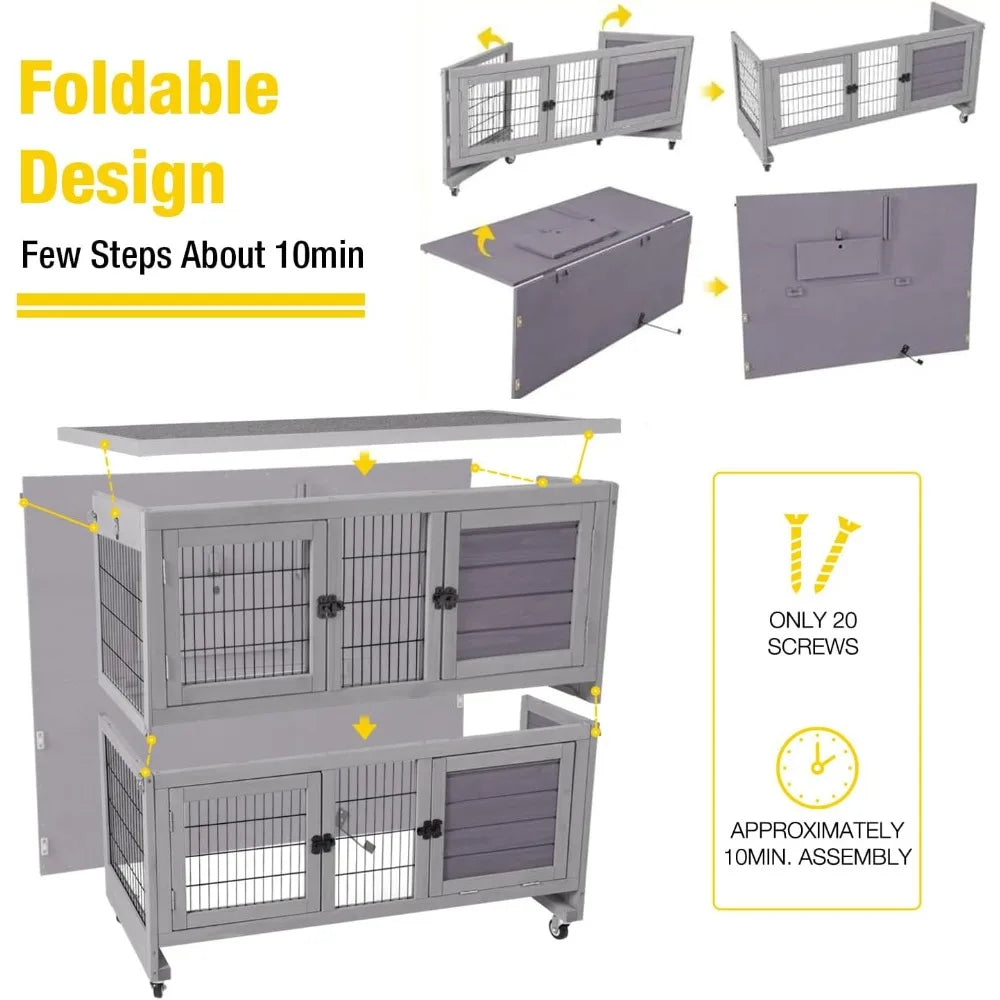 Folding Rabbit Hutch Indoor Outdoor Easy Setup Bunny Cage