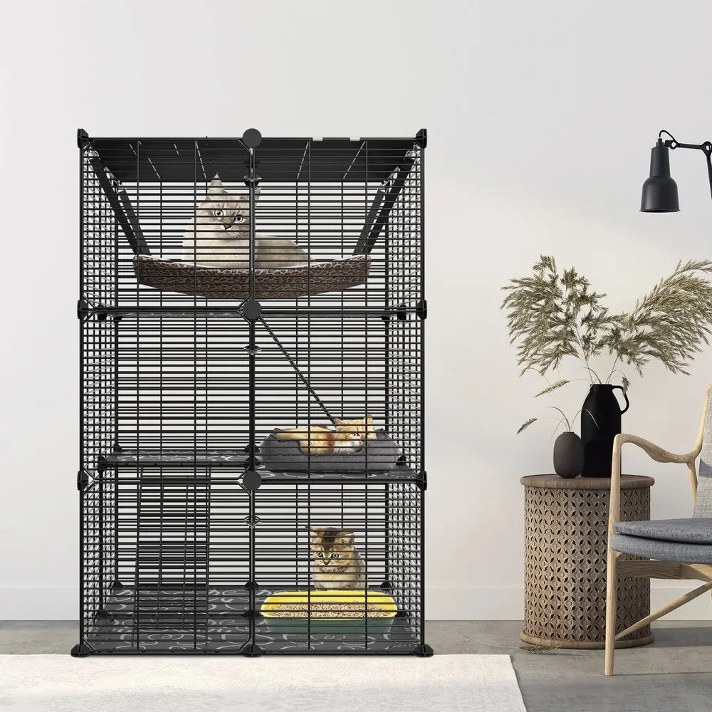 Three-Tier Cat Cage Enclosure with Hammock for Playful Cats