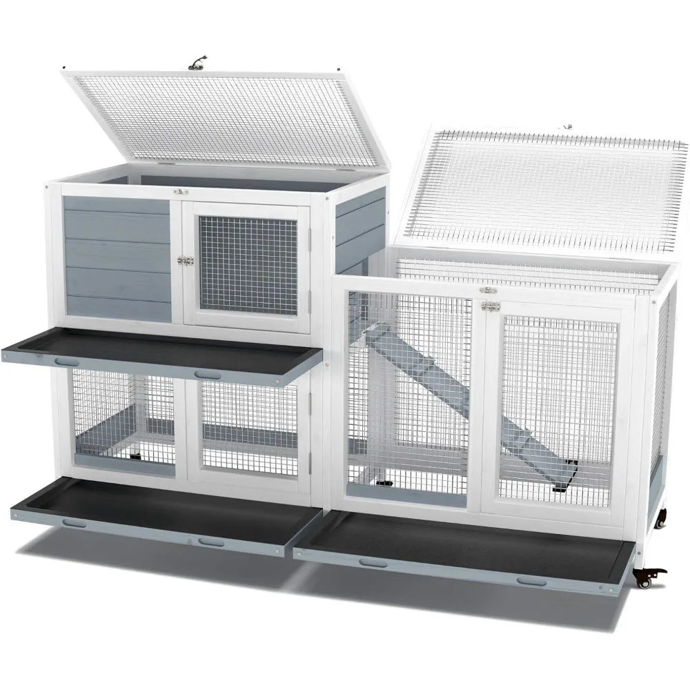 Wooden Indoor Bunny Hutch Rabbit Cage on Wheels for Pets