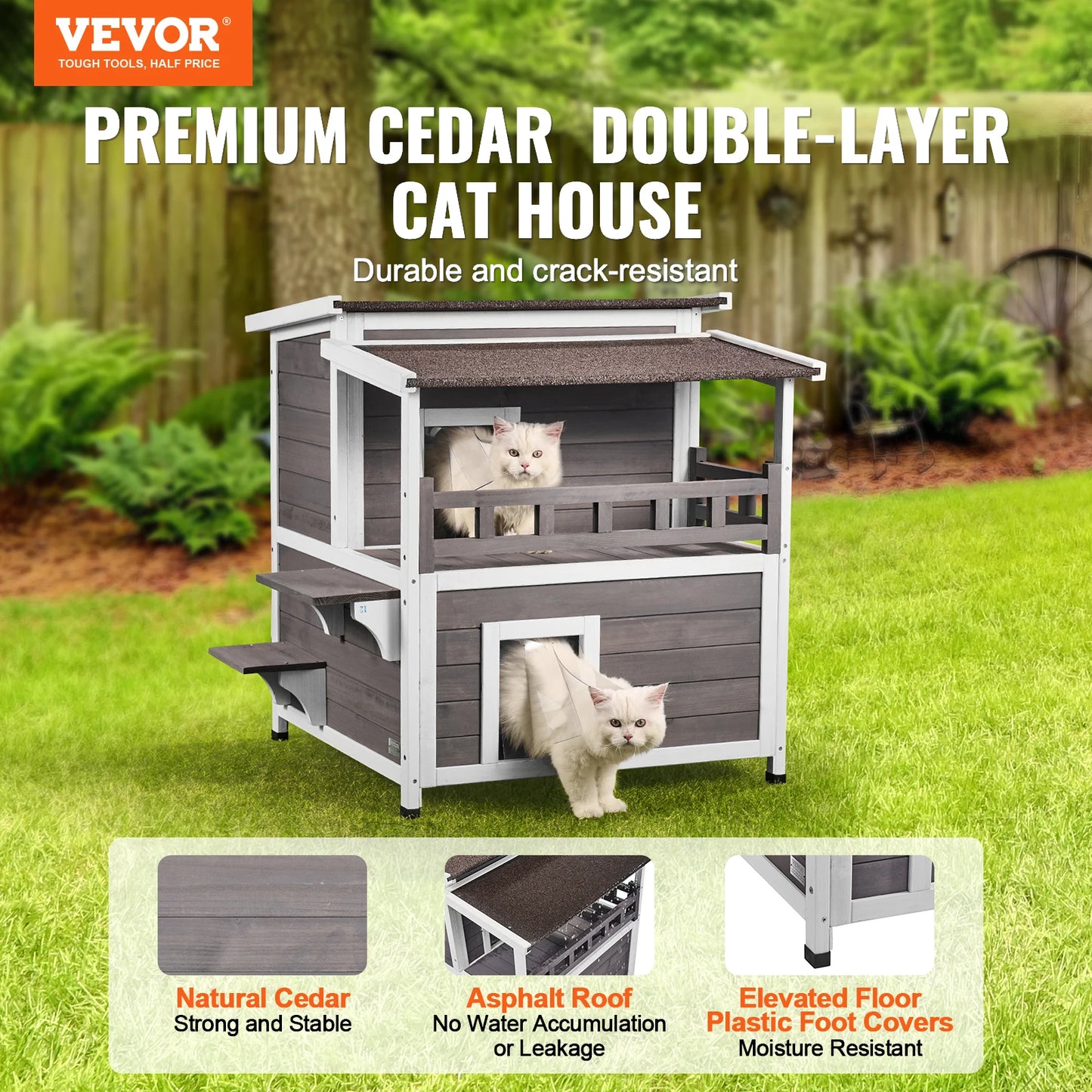 Outdoor Wooden Cat House with Balcony and Weatherproof Design