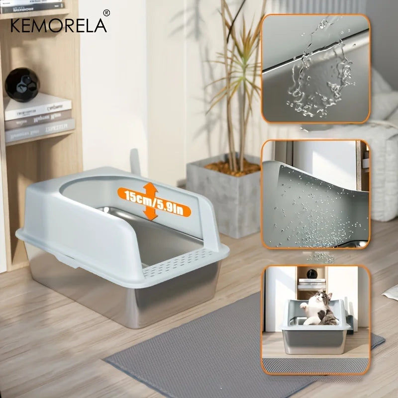 Stainless Steel Litter Box With Mat And Spade For Cats